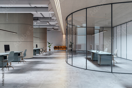 Obraz na płótnie Modern empty corporate office interior with glass partition walls, clean design, light tones, and contemporary workstations and furniture