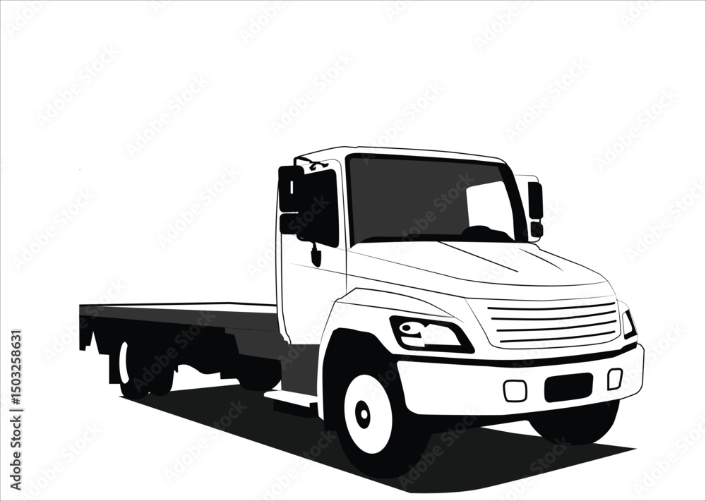 Fototapeta premium Black and white vector of a flatbed truck, isolated on white background, side-front view