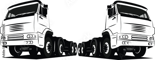 Vector illustration of two large trucks facing each other, black and white transport design on white background