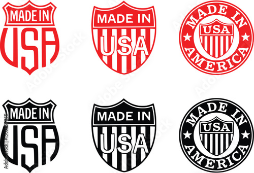 "made in usa" text logo, shield badge, vintage retro style, red and white, vector illustration
