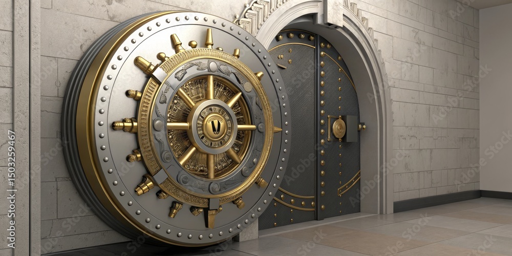 Obraz premium Open Bank Vault Door Ornate Gold and Steel Security, finance ,banking