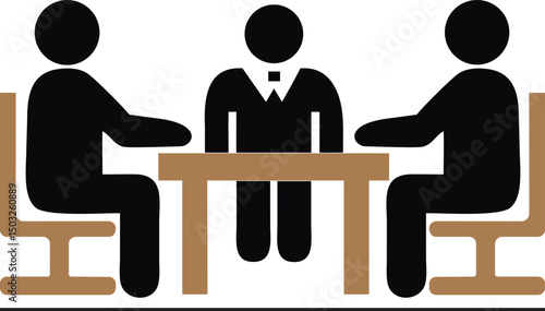 Business Meeting or Interview Icon - Three People Sitting Around a Table for Discussion or Negotiation


