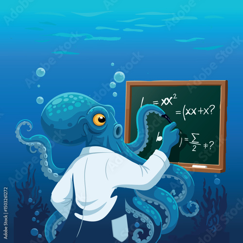 Octopus teaching underwater mathematics with chalkboard in blue ocean scene vector illustration 