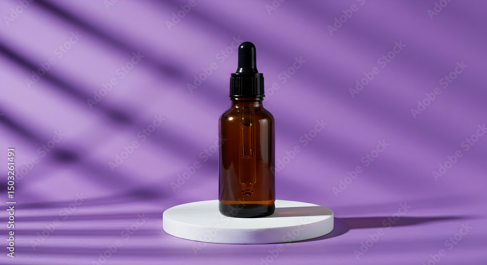 Naklejka premium Amber glass dropper bottle on purple background minimal product photography