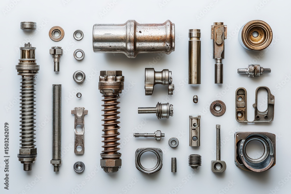 Disassembled engine parts on white surface including pistons, valves, camshafts, spark plugs; organized with geometric balance, reflective metals, light oil smudges. Disassembled engine parts on white surface including pistons, valves, camshafts, spark plugs; organized with geometric balance, reflective metals, light oil smudges.
