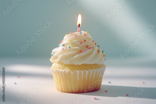  Frosted cupcake with rainbow sprinkles and candle on white, soft flickering flame, delicate shadow adds warmth to birthday treat focus.