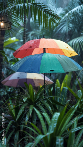 Wallpaper Mural Stacked Colorful Umbrellas Amidst Tropical Foliage on Rainy Day Setting Torontodigital.ca