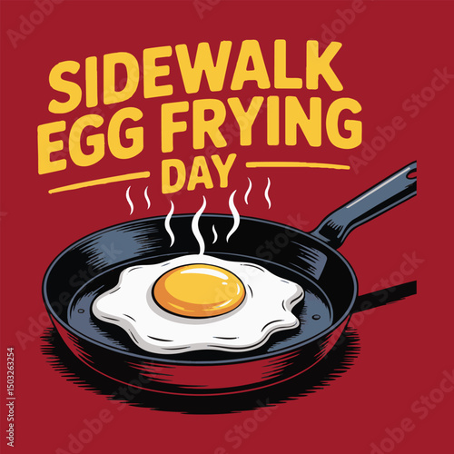 Sidewalk egg frying day with a fried egg in a skillet on a bold red background