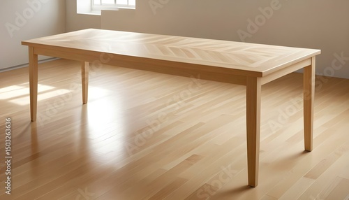 A rectangular wooden table on a light wooden floor, showcased in a bright, well-lit room setting.