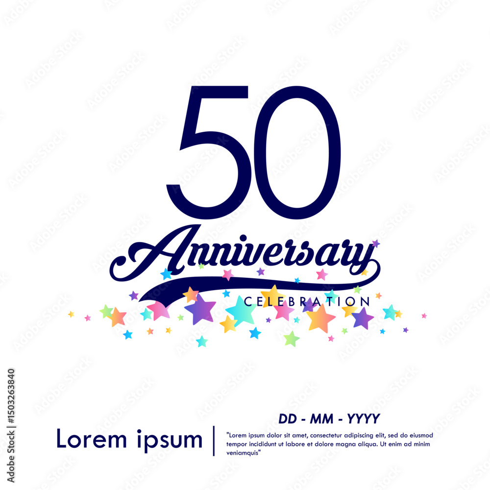 Naklejka premium 50th years anniversary celebration emblem. congratulations anniversary logo isolated with ribbon and colorful stars on white background. vector illustration template design 