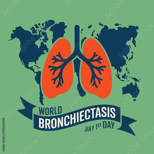 World bronchiectasis day illustration featuring lungs globe and ribbon banner design
