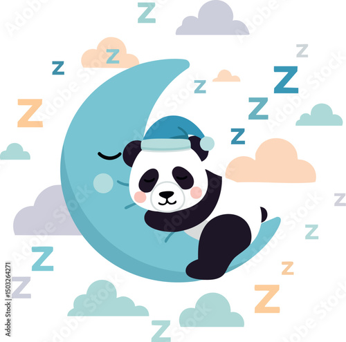 Sleeping panda bear hugging crescent moon with nightcap and clouds vector illustration 