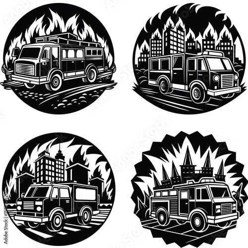Fire Truck Responding To Emergency In City Black And White Vector Designs