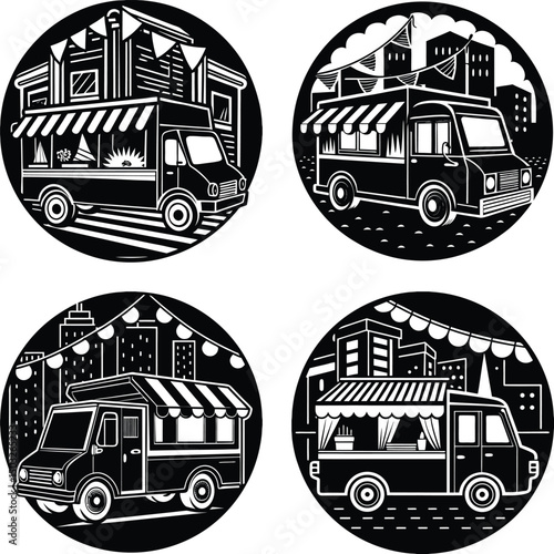 Food Truck Collection Vector Icons In Black And White Circular Design
