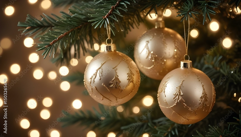 A stunning display of golden Christmas ornaments on a decorated tree with warm, blurred lights. A stunning display of golden Christmas ornaments on a decorated tree with warm, blurred lights.