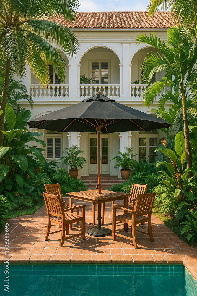 Fototapeta premium Mesa externa em hotel com varanda colonial e piscina tropical