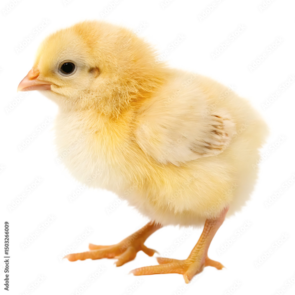 Obraz premium Small fluffy baby chick standing alertly isolated on a transparent background