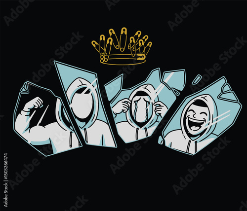 Hooded Figure Emotional Spectrum in Shattered Mirror with Safety Pin Crown