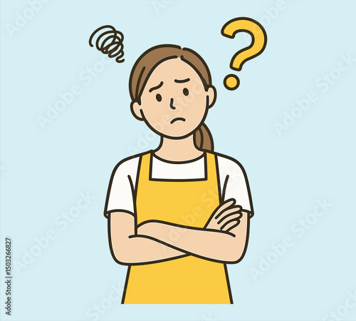 Confused Woman in Yellow Apron with Question Mark and Scribble Above Head, Cartoon Style, Isolated on Light Blue Background