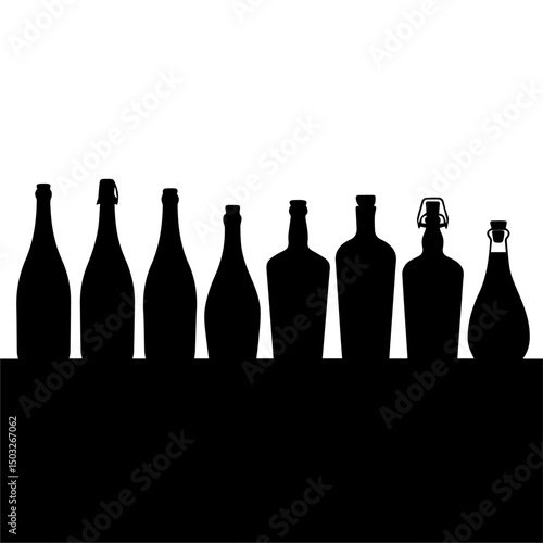 Silhouettes of various beer bottles, cans, and mugs arranged in rows on a white background, showcasing a diverse collection of drink containers in a minimal, graphic style.