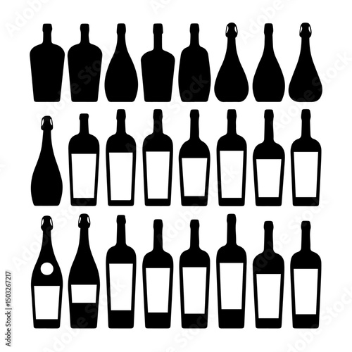 Silhouettes of various beer bottles, cans, and mugs arranged in rows on a white background, showcasing a diverse collection of drink containers in a minimal, graphic style.