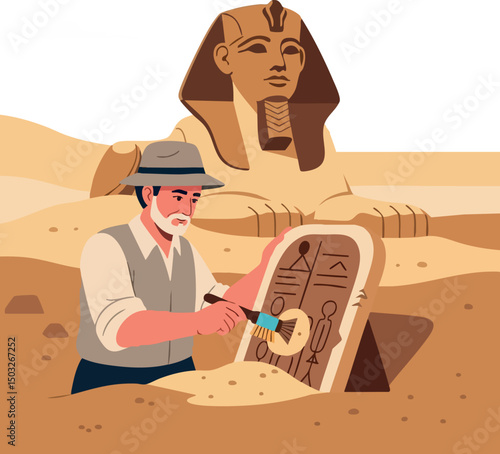 Archaeologist uncovering ancient Egyptian hieroglyphs near Great Sphinx of Giza desert excavation 