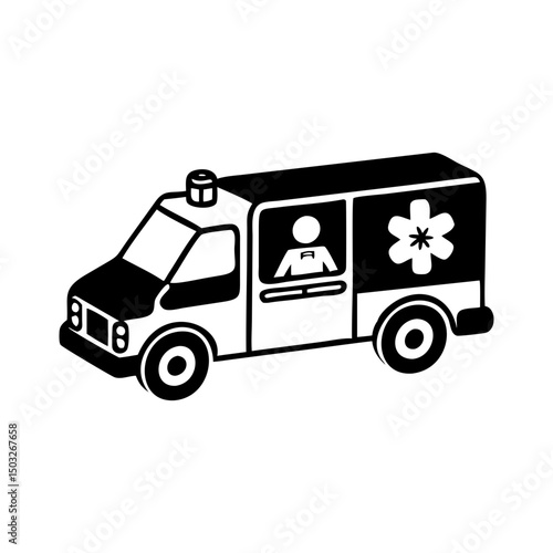 Stylized ambulance graphic in black and white with a driver, illustration
