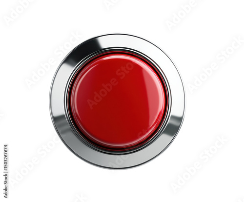 Bright red button with metallic border for various applications on a transparent background, cut out