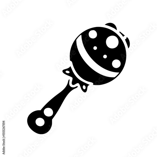 Black and white drawing of a baby rattle with round patterns.
