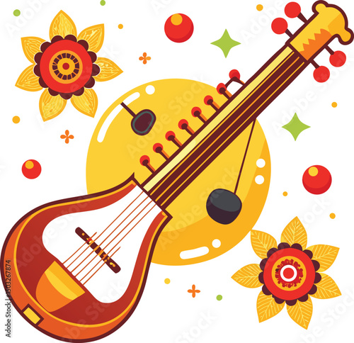 Vibrant Illustration of a Sarod Indian String Instrument