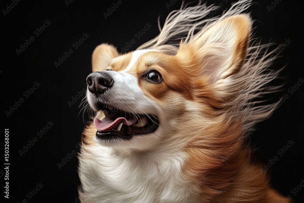 Naklejka premium Energetic corgi with flowing fur against black background
