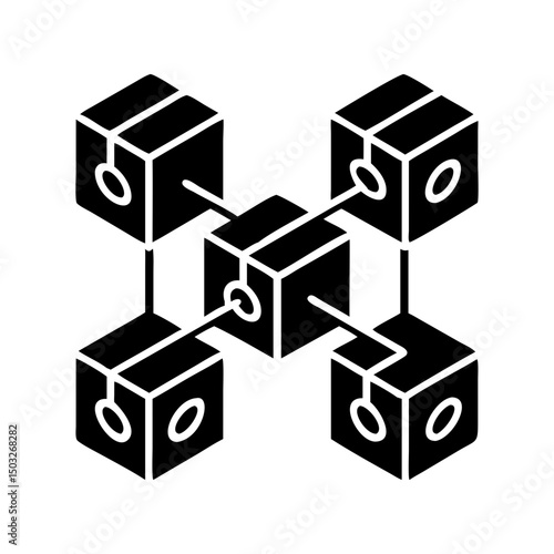 Interconnected cubes representing a network, blockchain technology or decentralized system, black on white