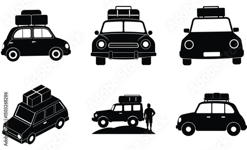 Travel Car with Luggage Silhouette Vector Set – Vacation Vehicle, Packed Suitcases on Roof, Road Trip Transport, and Holiday Adventure Design


