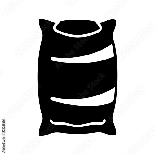 Stylized black and white illustration of a sack or bag filled with grain