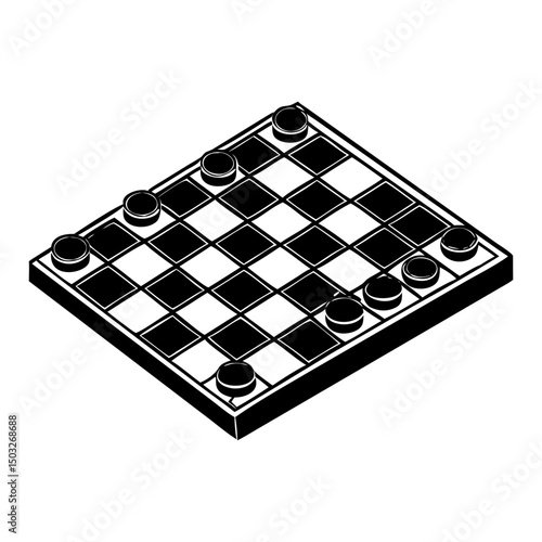 Monochrome checkers game board illustration showing a partially played game, isometric view