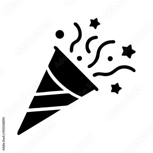 Black silhouette of a party popper exploding with confetti and stars