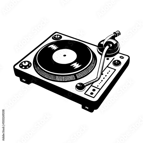 Monochrome illustration of a classic vinyl record player with a record