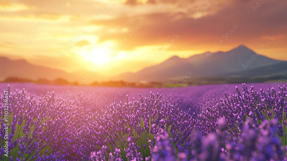 Fototapeta premium A serene lavender field in full bloom under a golden sunset