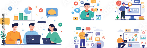 Set of digital business marketing flat vector illustration collection. Men and women taking part in business activities flat vector