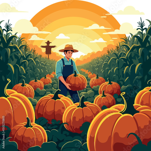 Farmer Harvesting Large Orange Pumpkins in Autumn Field with Sunrise Vector Illustration 
