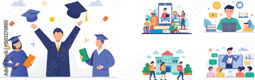 Abstract set of educational concept illustrations. People in various activities of education concept