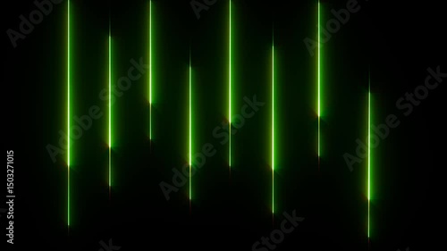 Abstract green neon lights animated on a black background. Abstraction neon green color rays and glowing Lines moving down screen saver, background.