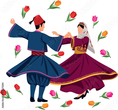 Traditional Turkish Folk Dance Couple in Colorful Costume with Flowers Vector Illustration 