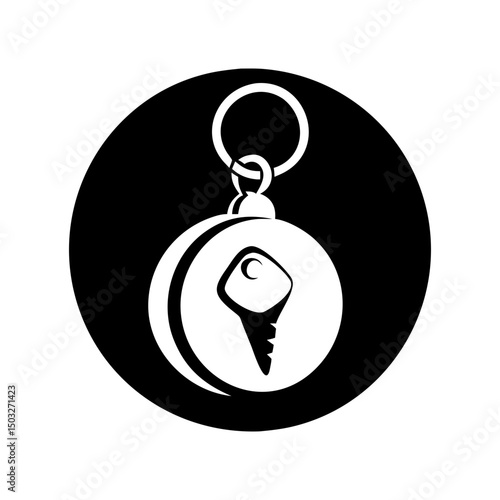Monochromatic illustration of a key emblem suspended in a circular frame