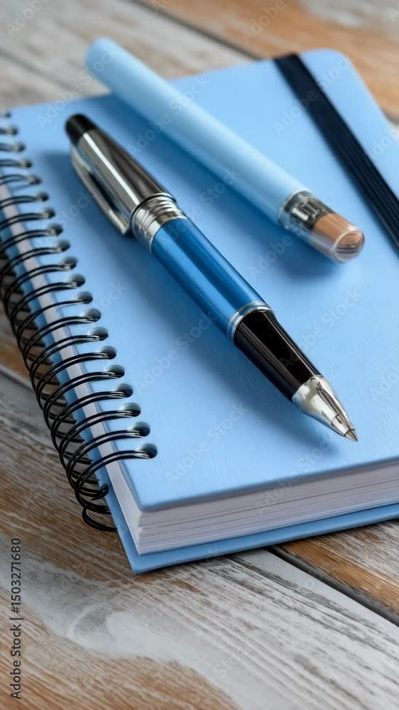 Blue notebook with spiral binding and metal pen placed on a wooden surface, along with a light blue pencil. Blue notebook with spiral binding and metal pen placed on a wooden surface, along with a light blue pencil.