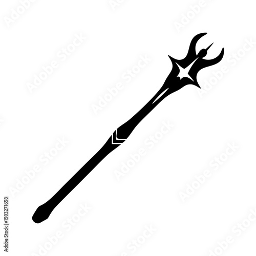 Elegant Magical Staff in Black Silhouette with Star and Curved Prongs