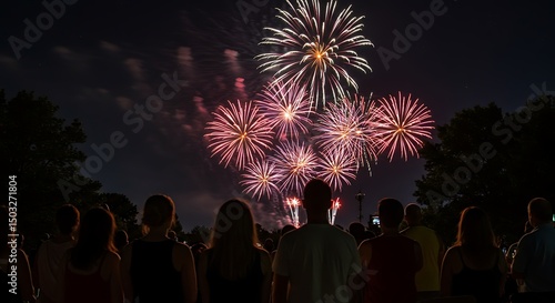 A compelling scene showing the backs of a diverse group of people (family or friends) as they stand or sit together, looking up in awe at a grand and spectacular 4th of July fireworks display illumina