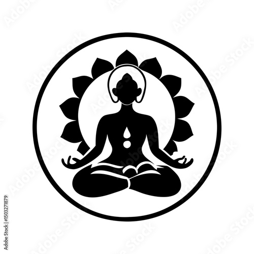Silhouette of a yogi in lotus position with chakra flower backdrop