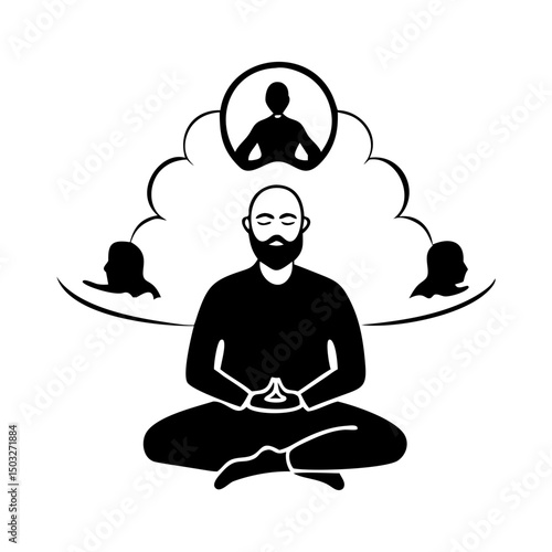 Meditating man with thoughts and connections represented in a stylized manner