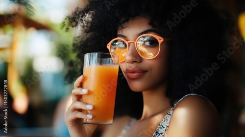 Young Black Woman with Afro Hair Holding a Glass of Orange Juice